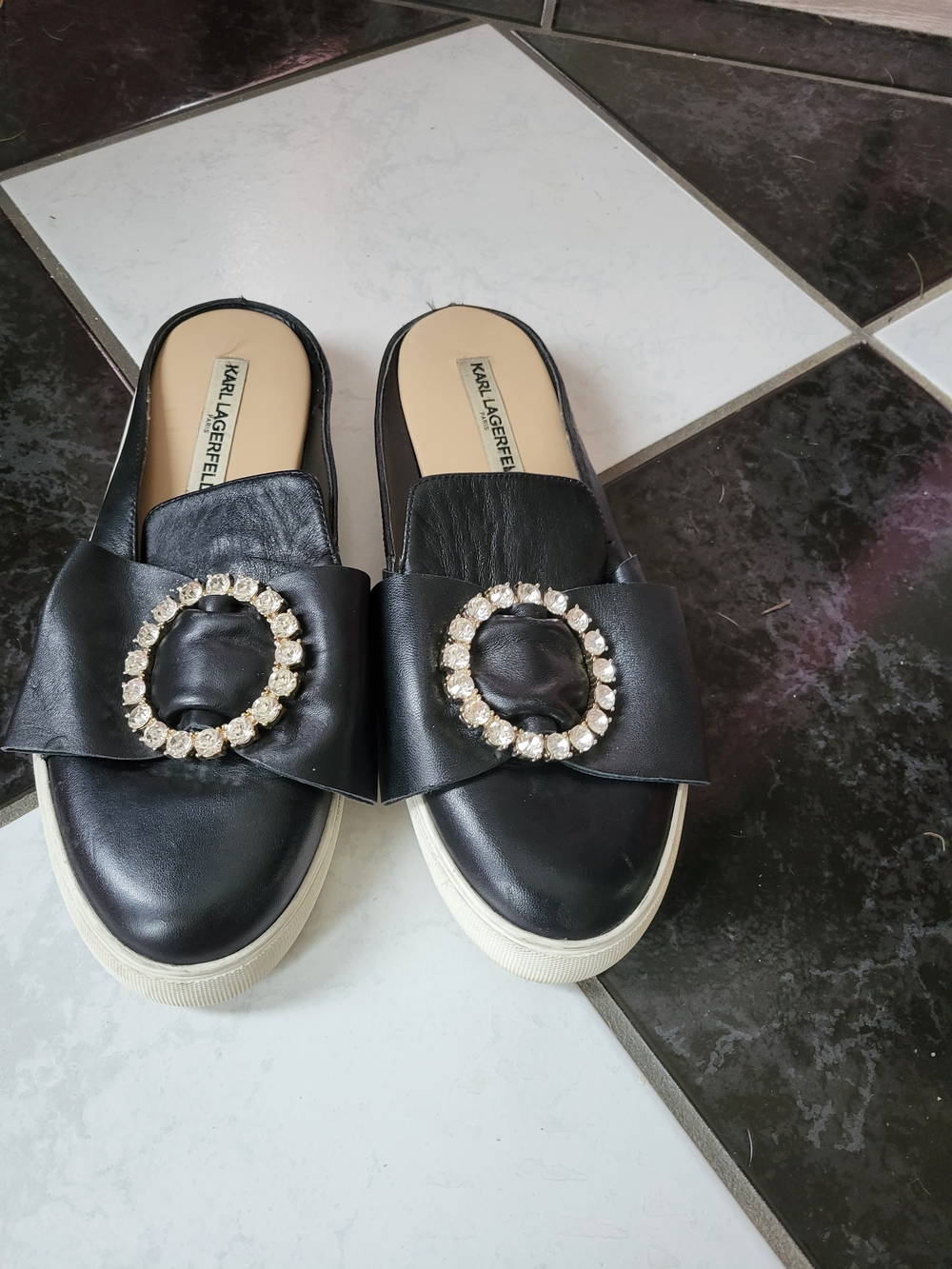 Karl Lagerfeld Black Slip-On Mule Sneakers with Crystal Buckle. Size 9